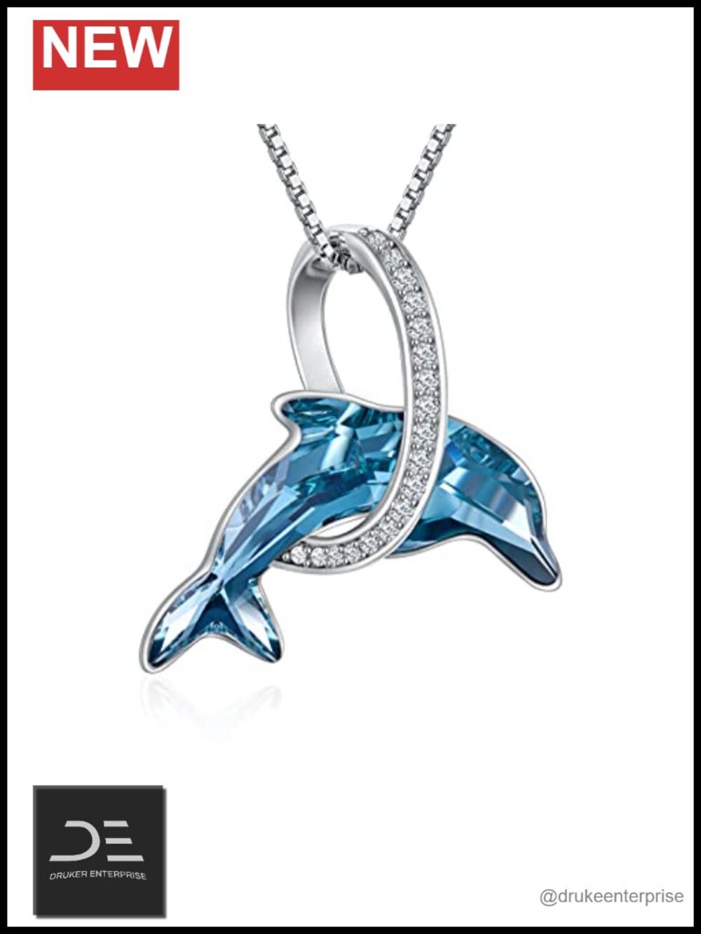 925 Sterling Silver Dolphin Pendant Necklace Crystal Blue Ocean Beach Jewelry